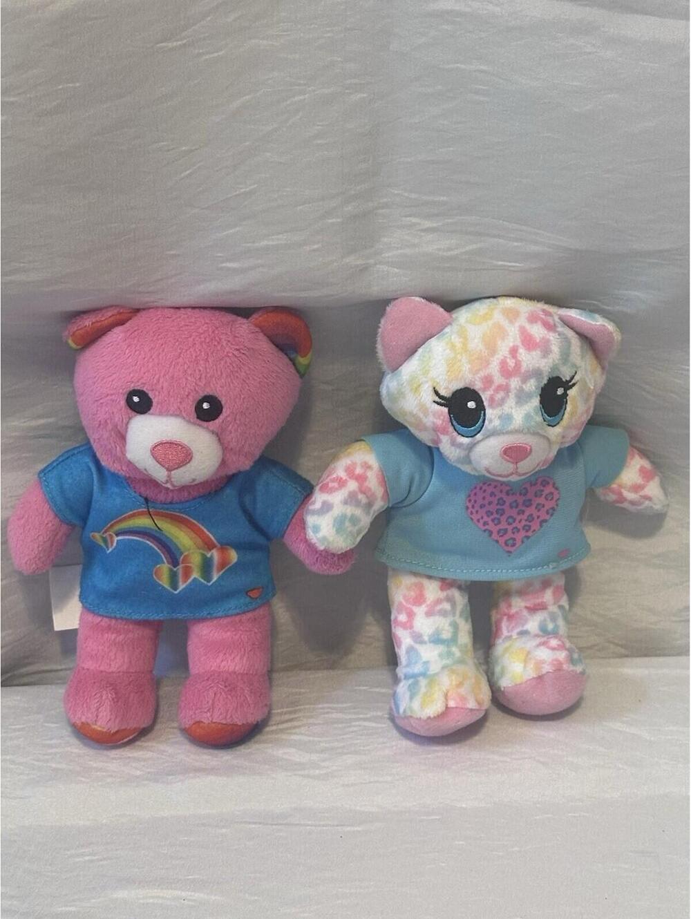 Build A Bear Buddies Bear & Leopard Plush Pink Rainbow Small Frys Mini Lot Of 2